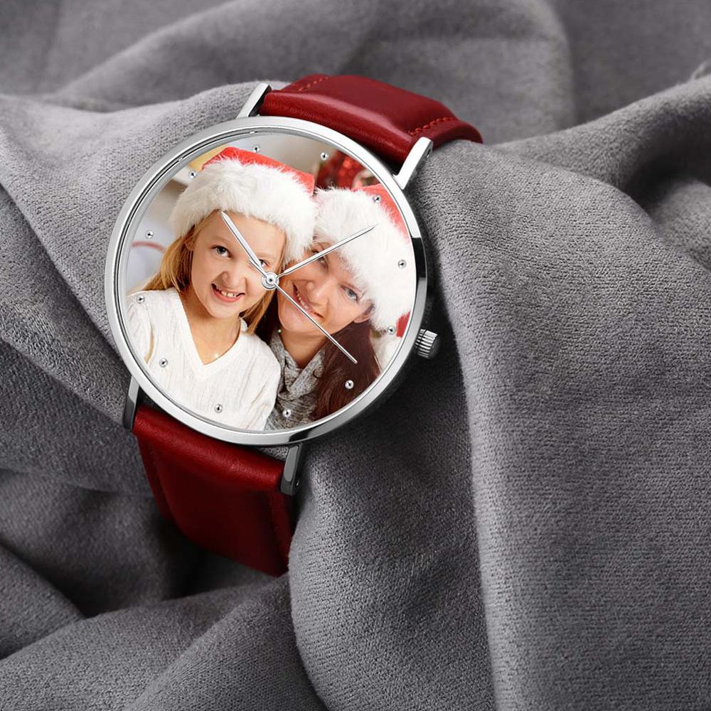 Unisex Engraved Photo Watch Black Leather Strap 40mm Memorial Gift For Her - soufeelus