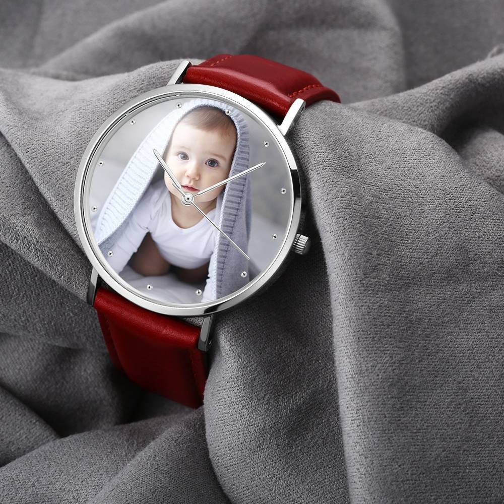 Women's Engraved Photo Watch Red Leather Strap 40mm