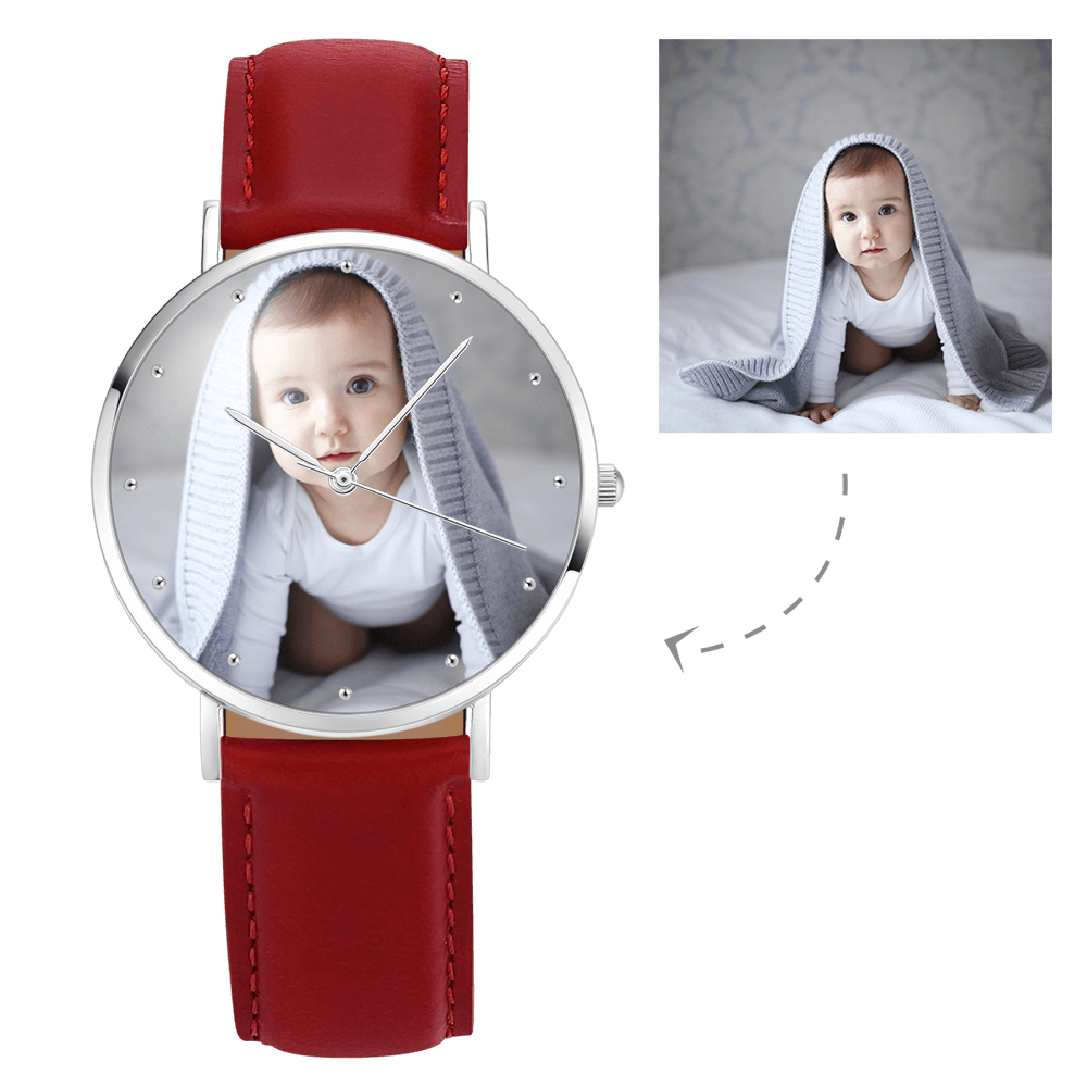 Women's Engraved Photo Watch Red Leather Strap 40mm