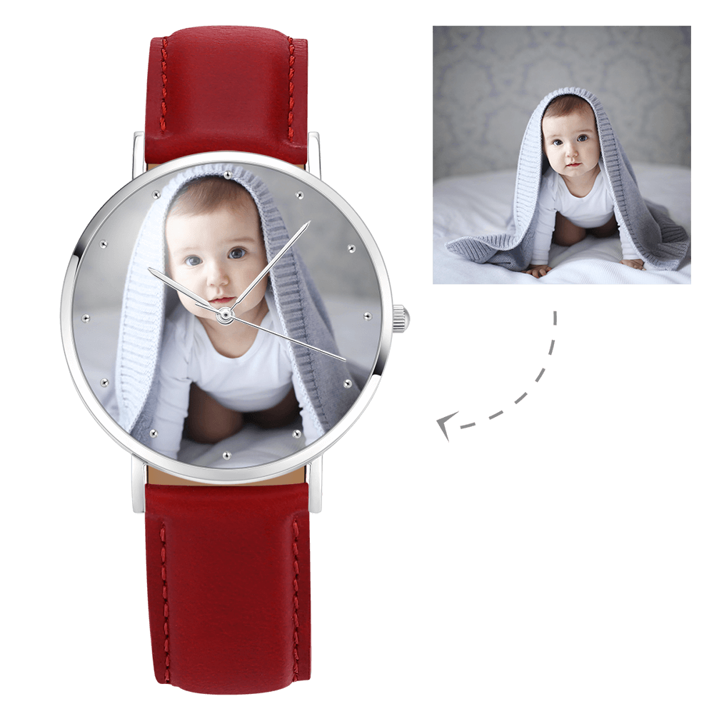 Unisex Engraved Photo Watch Black Leather Strap