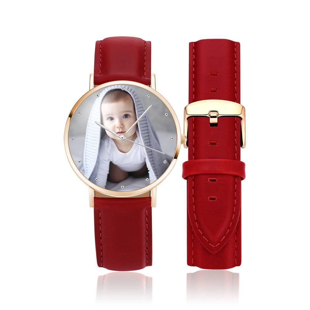 Women's Engraved Rose Goldtone Photo Watch Red Leather Strap 40mm - soufeelus