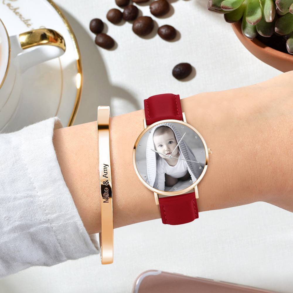 Women's Engraved Rose Goldtone Photo Watch Red Leather Strap 36mm