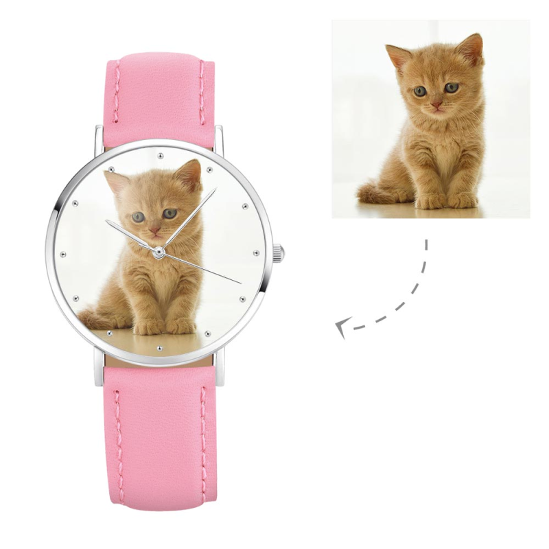 Women's Engraved Photo Watch Pink Leather Strap 36mm