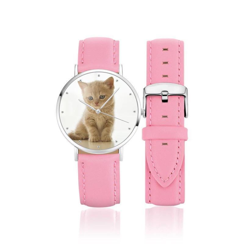 Women's Engraved Photo Watch Pink Leather Strap 36mm