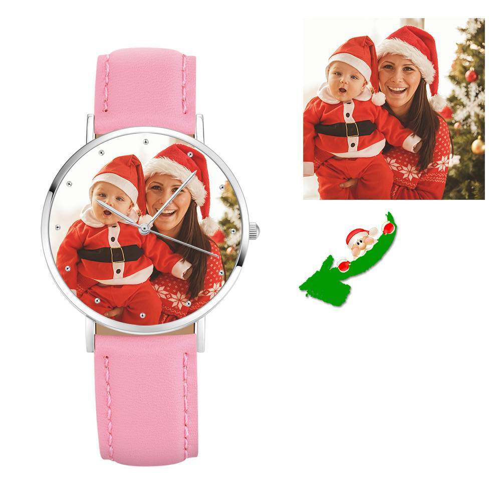 Women's Engraved Photo Watch Pink Leather Strap 36mm