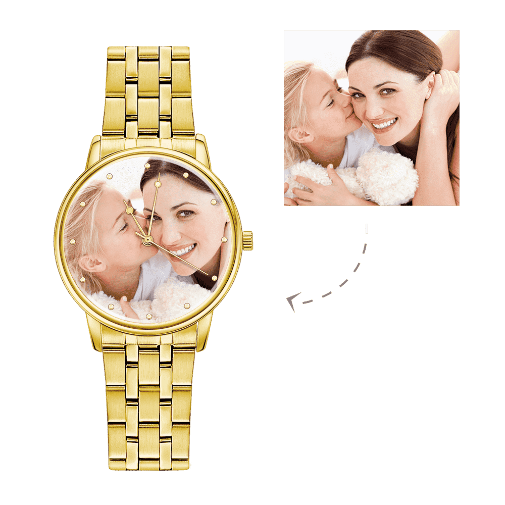 Unisex Engraved Gold Alloy Bracelet Photo Watch 40mm - soufeelus