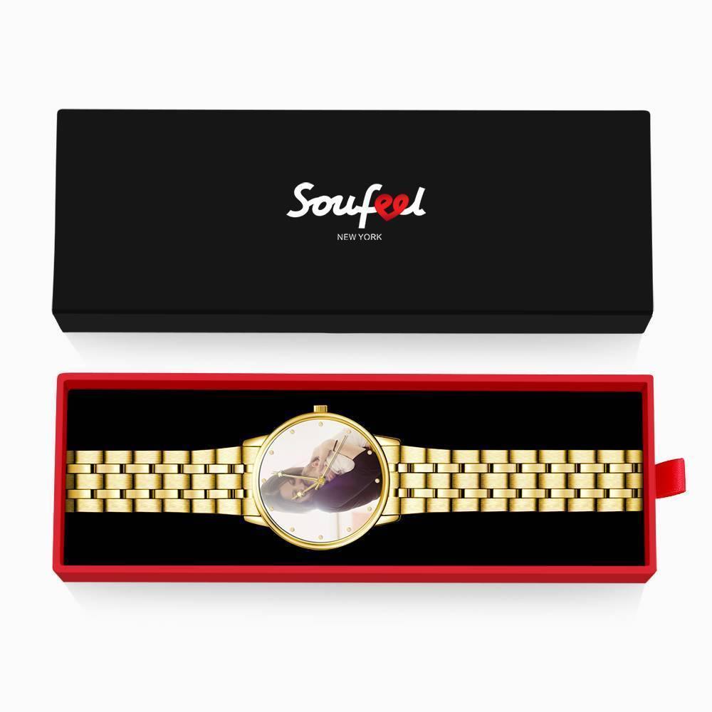 Unisex Engraved Gold Alloy Bracelet Photo Watch 40mm - soufeelus