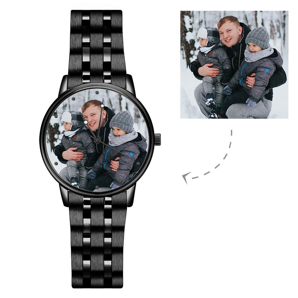 Engraved Men's Black Alloy Bracelet Photo Watch 38mm Christmas Gifts