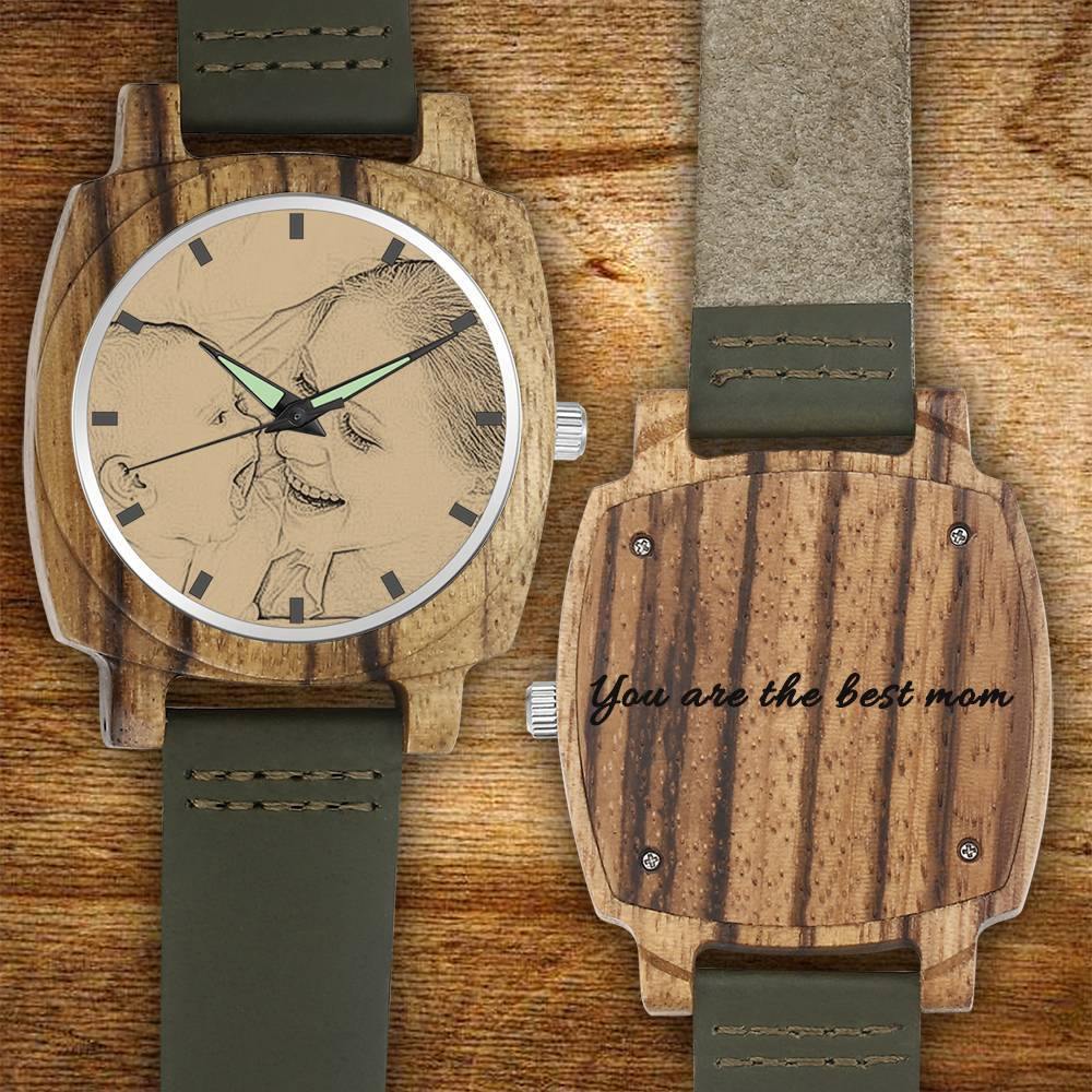 Men's Engraved Bamboo Photo Watch Dark Green Leather Strap 45mm - soufeelus