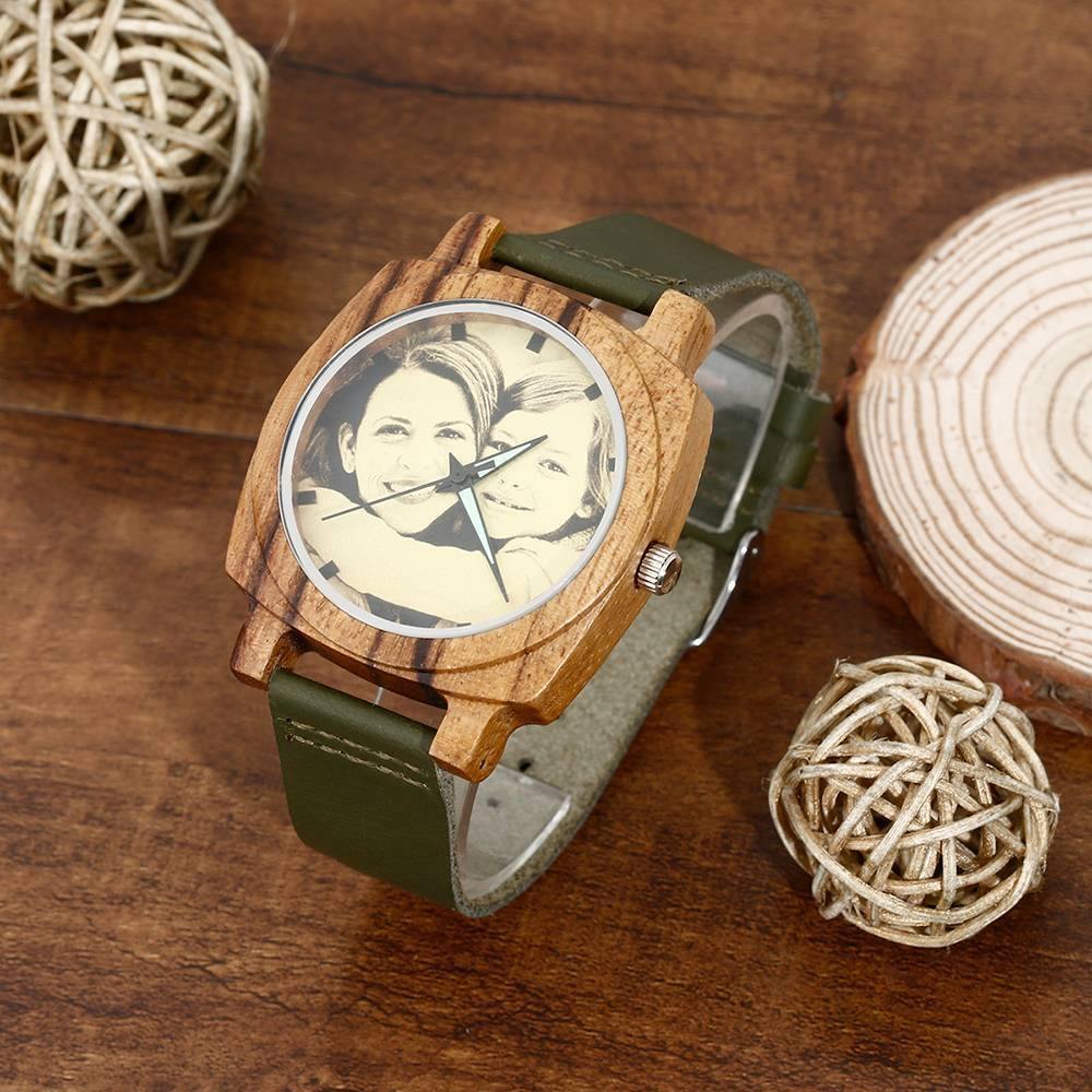 Men's Engraved Bamboo Photo Watch Dark Green Leather Strap 45mm - soufeelus
