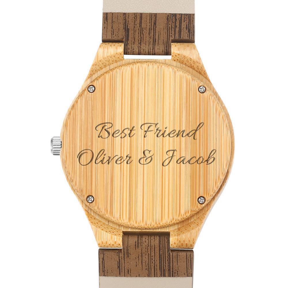 Men's Engraved Bamboo Photo Watch Wooden Leather Strap 45mm