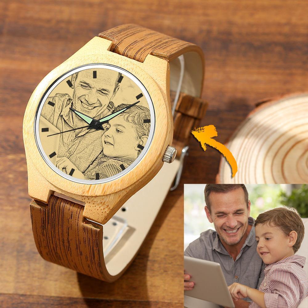 Men's Engraved Bamboo Photo Watch Dark Green Leather Strap 45mm