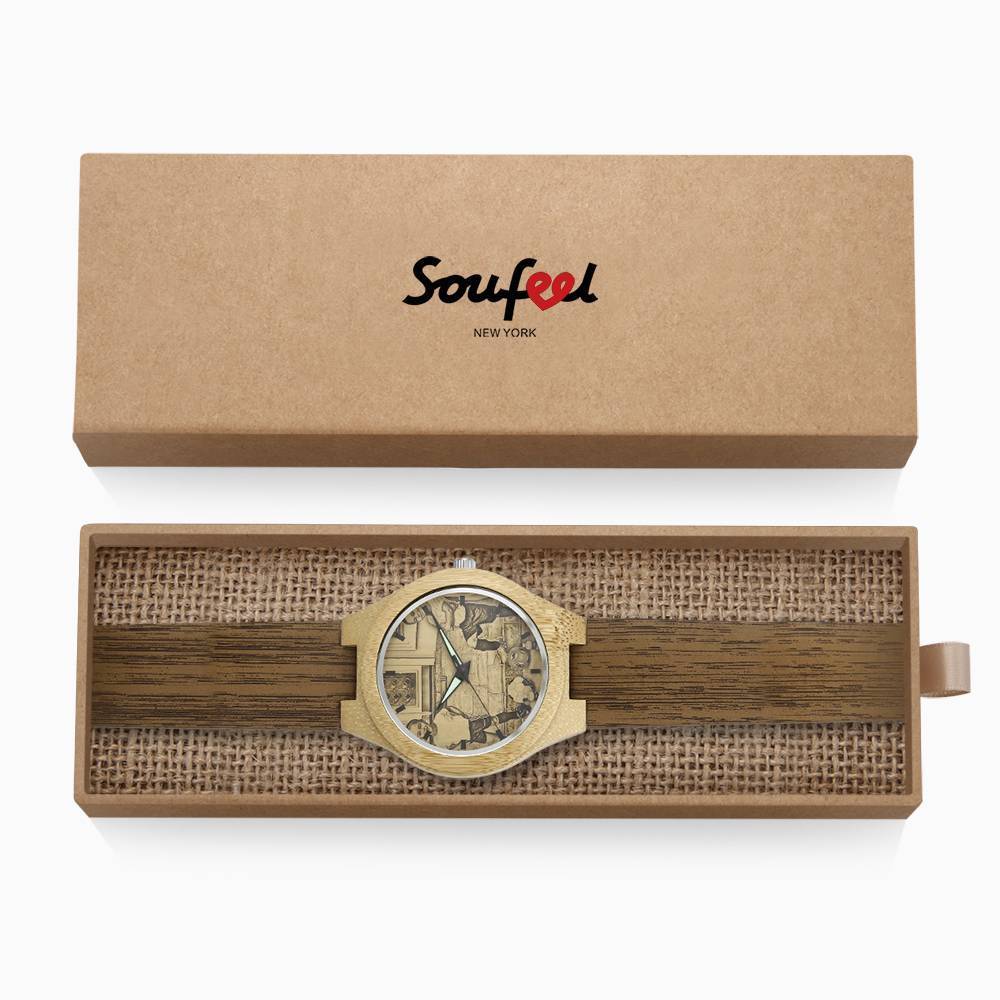 Men's Engraved Bamboo Photo Watch Wooden Leather Strap 45mm