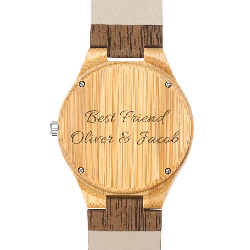 Women's Engraved Bamboo Photo Watch Wooden Leather Strap 40mm