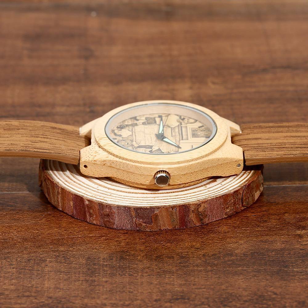 Men's Engraved Bamboo Photo Watch Wooden Leather Strap 45mm