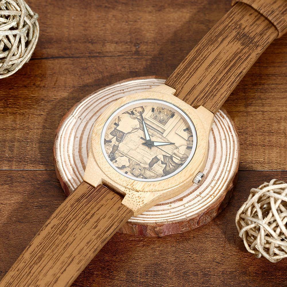 Men's Engraved Bamboo Photo Watch Wooden Leather Strap 45mm
