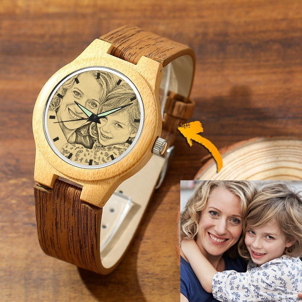 Women's Engraved Bamboo Photo Watch Wooden Leather Strap 40mm