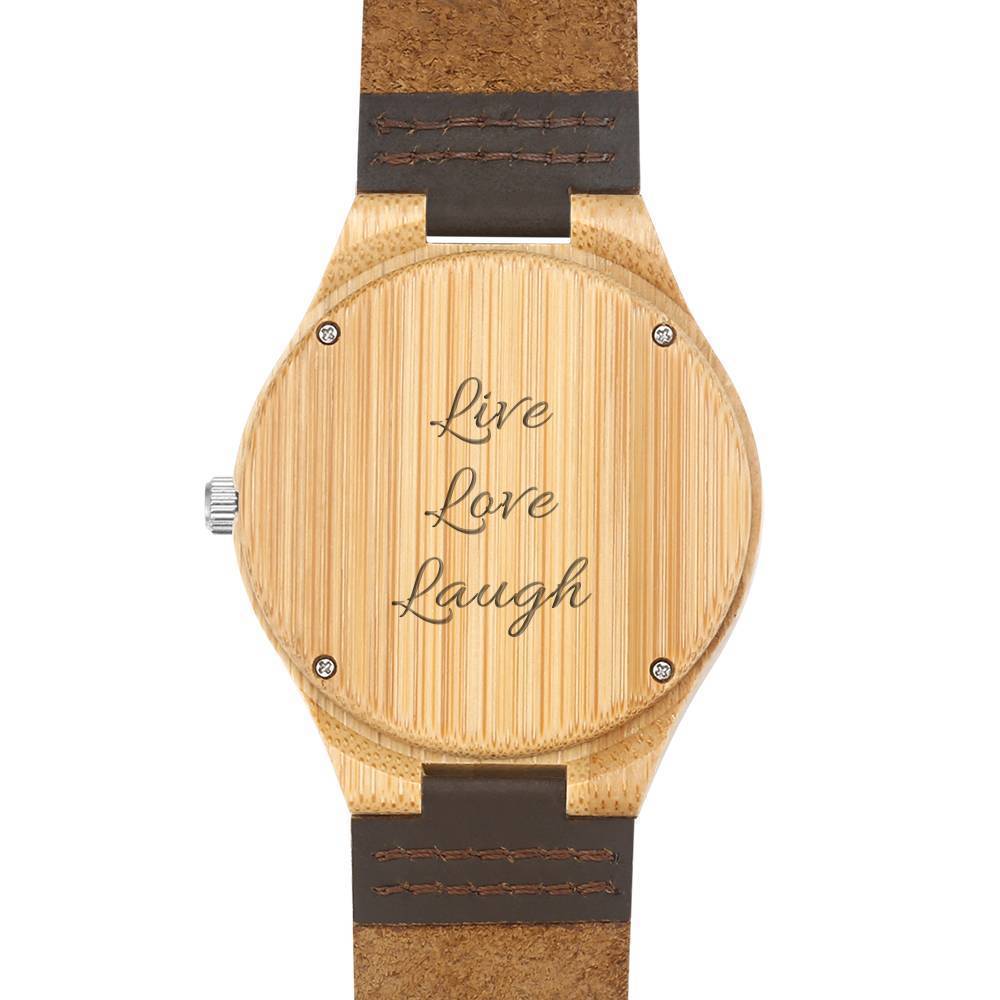 Men's Engraved Bamboo Photo Watch Brown Leather Strap 45mm