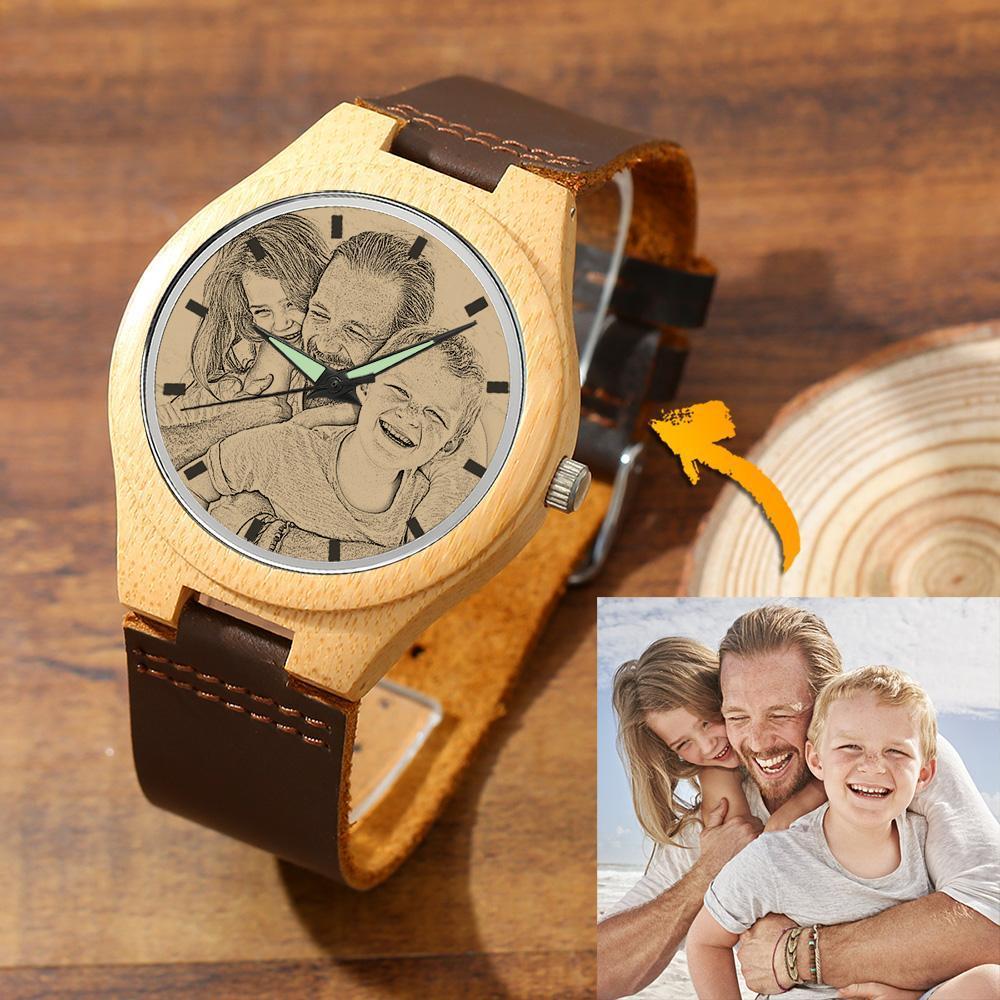 Men's Engraved Bamboo Photo Watch Wooden Leather Strap 45mm