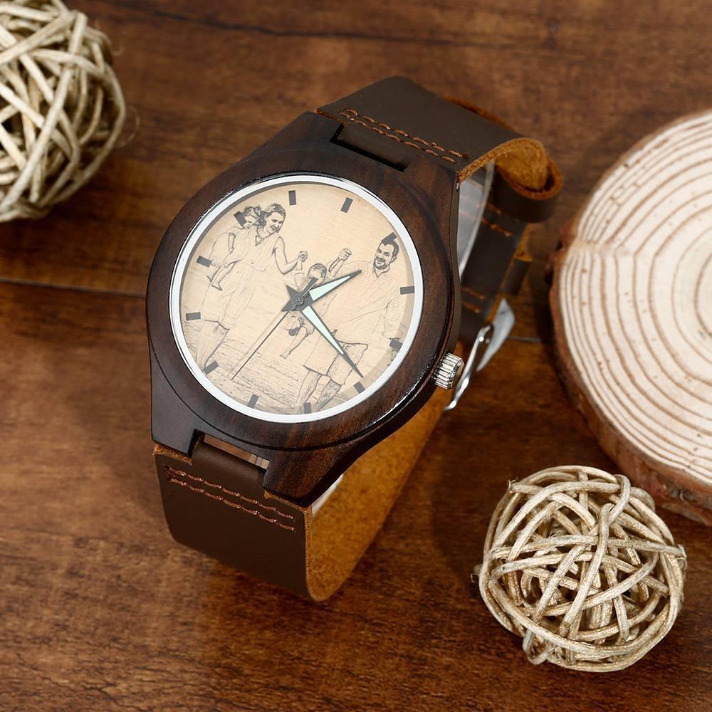 Men's Engraved Wooden Photo Watch Brown Leather Strap 45mm - soufeelus