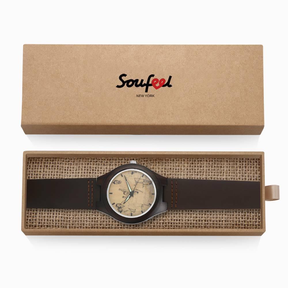 Men's Engraved Wooden Photo Watch Brown Leather Strap 45mm - soufeelus