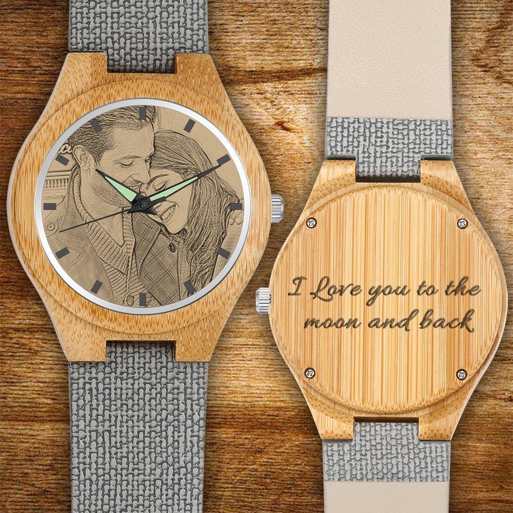 Women's Engraved Bamboo Photo Watch Grey Leather Strap 40mm