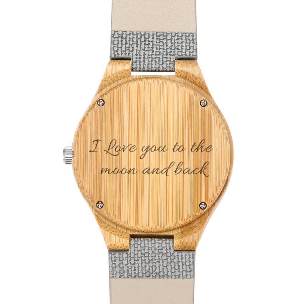 Women's Engraved Bamboo Photo Watch Grey Leather Strap 40mm