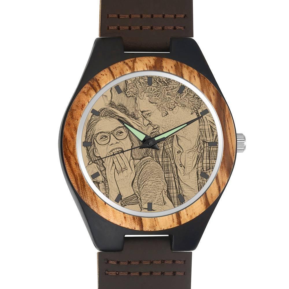 Men's Engraved Wooden Photo Watch Brown Leather Strap 45mm - soufeelus