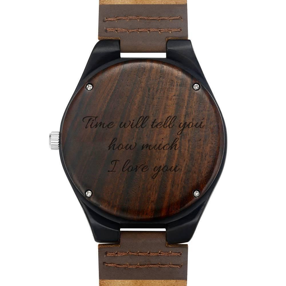 Men's Engraved Wooden Photo Watch Brown Leather Strap 45mm - soufeelus