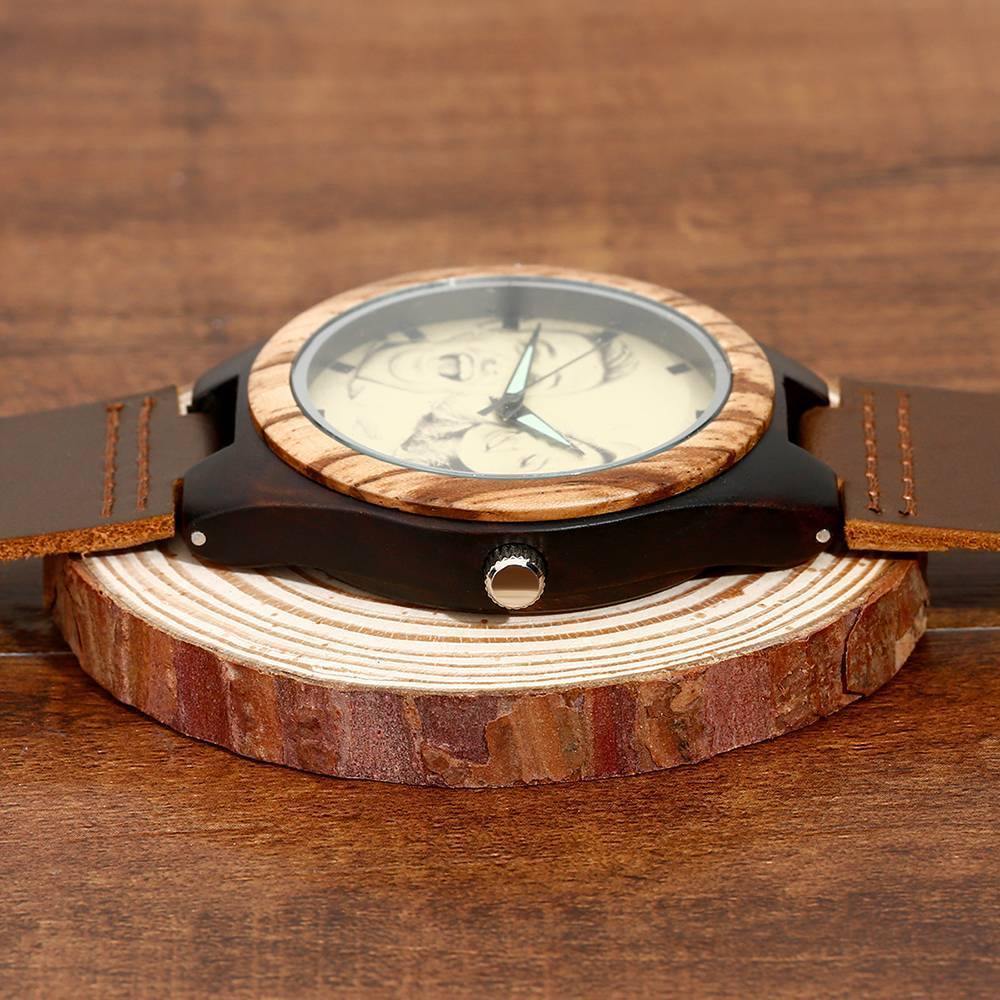 Men's Engraved Wooden Photo Watch Brown Leather Strap 45mm - soufeelus