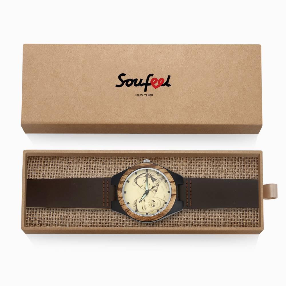 Men's Engraved Wooden Photo Watch Brown Leather Strap 45mm - soufeelus