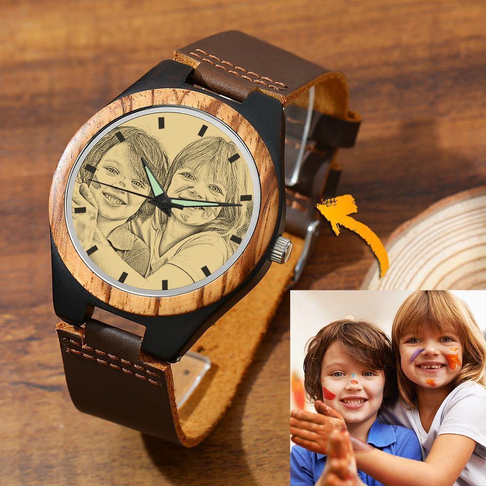 Men's Engraved Wooden Photo Watch Brown Leather Strap 45mm - soufeelus