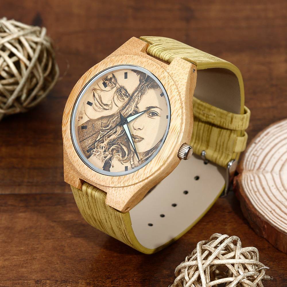 Men's Engraved Bamboo Photo Watch Wooden Leather Strap 45mm