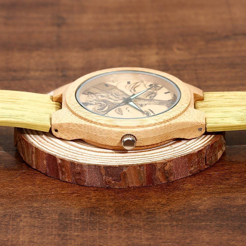 Men's Engraved Bamboo Photo Watch Wooden Leather Strap 45mm