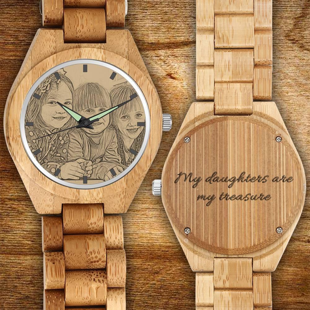 Men's Engraved Bamboo Photo Watch Wooden Strap 45mm - soufeelus
