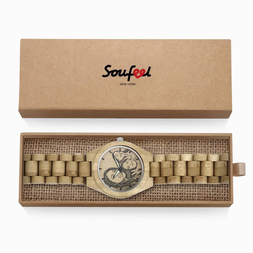 Men's Engraved Bamboo Photo Watch Wooden Strap 45mm - soufeelus