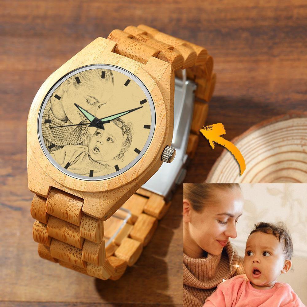 Men's Engraved Bamboo Photo Watch Wooden Strap 45mm - soufeelus