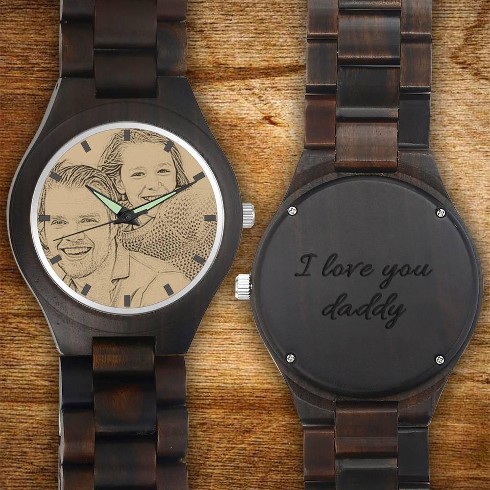 Men's Engraved Wooden Photo Watch Wooden Strap 45mm - soufeelus