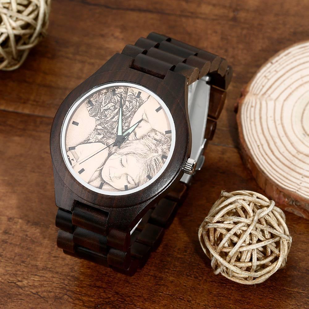 Men's Engraved Wooden Photo Watch Wooden Strap 45mm - soufeelus