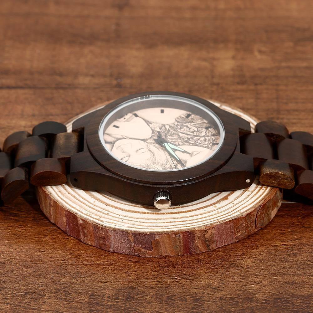 Men's Engraved Wooden Photo Watch Wooden Strap 45mm - soufeelus