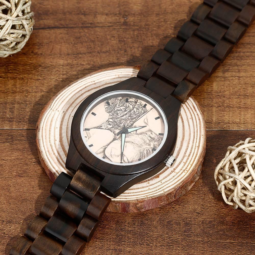 Men's Engraved Wooden Photo Watch Wooden Strap 45mm - soufeelus