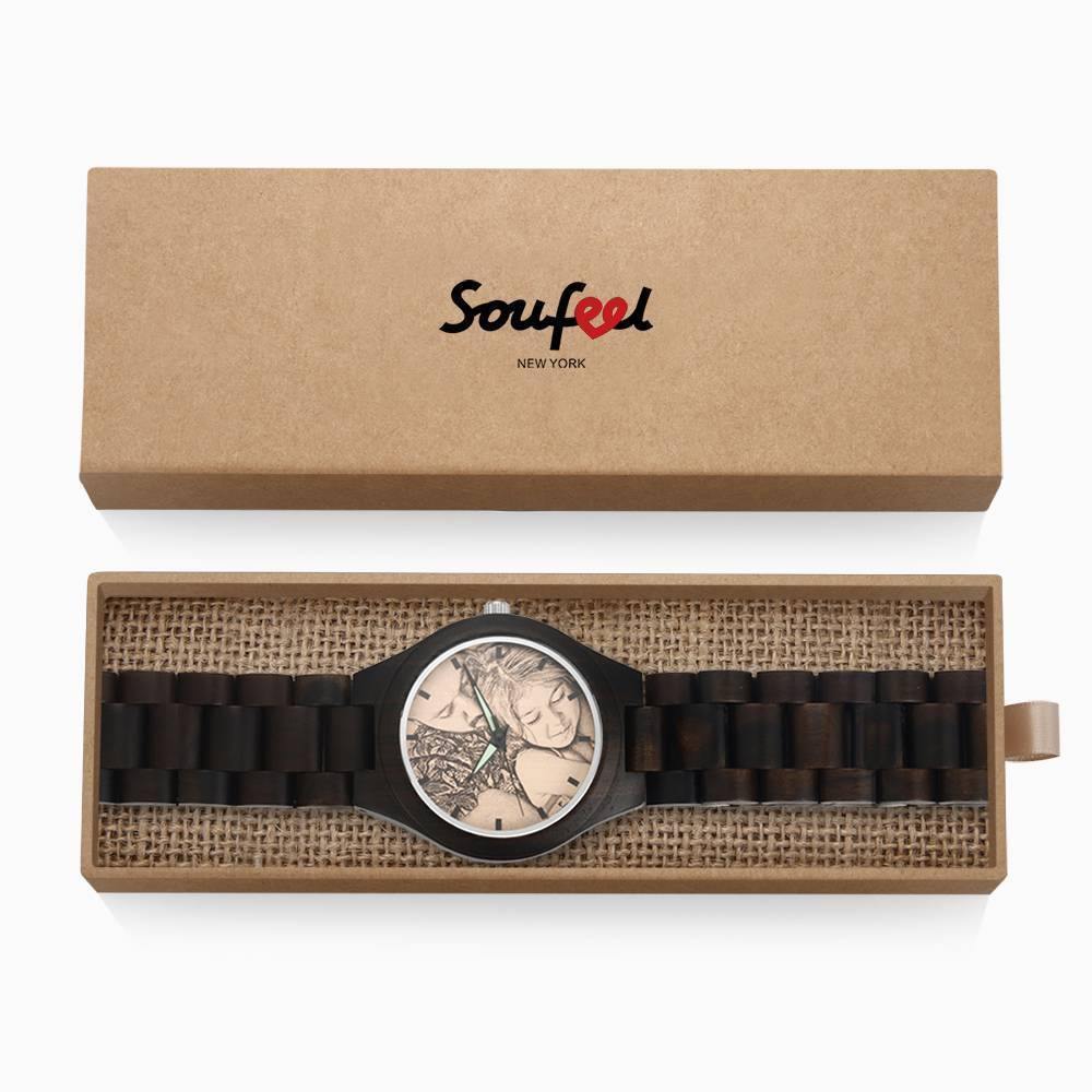 Men's Engraved Wooden Photo Watch Wooden Strap 45mm - soufeelus