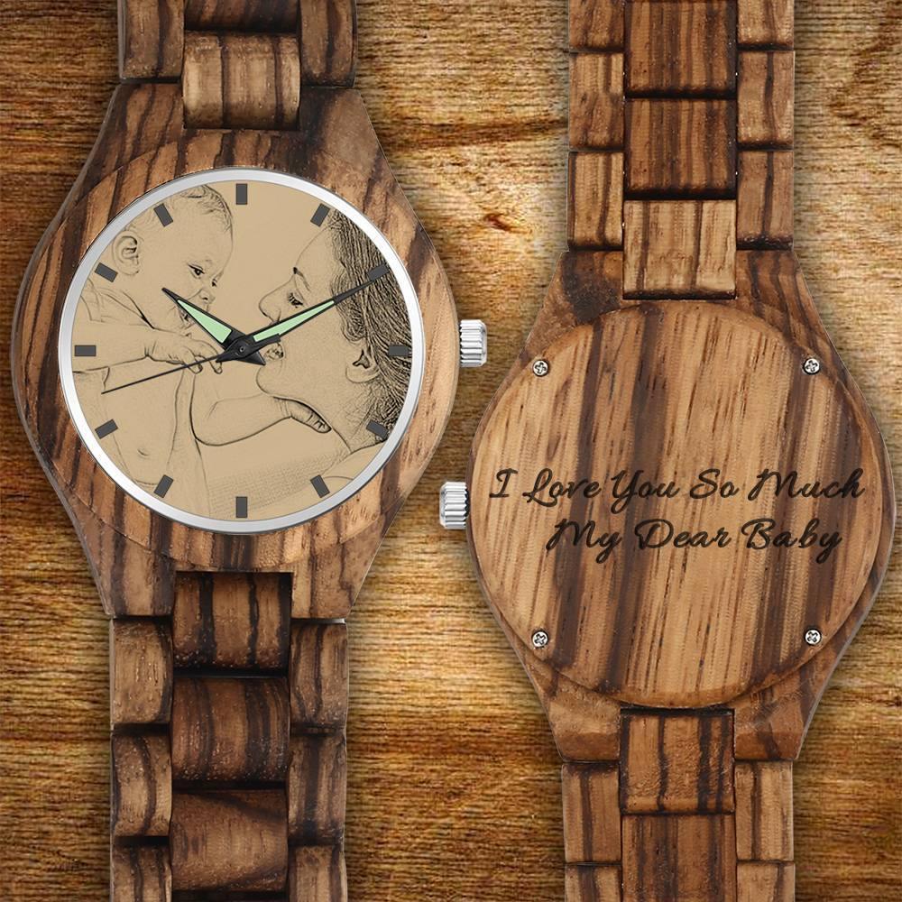 Men's Engraved Wooden Photo Watch Wooden Strap 45mm - soufeelus