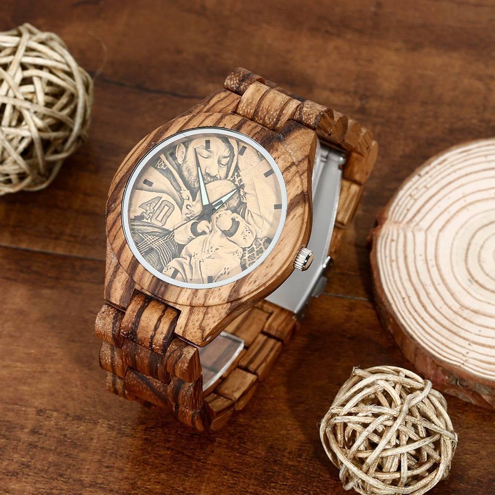 Men's Engraved Wooden Photo Watch Wooden Strap 45mm - soufeelus