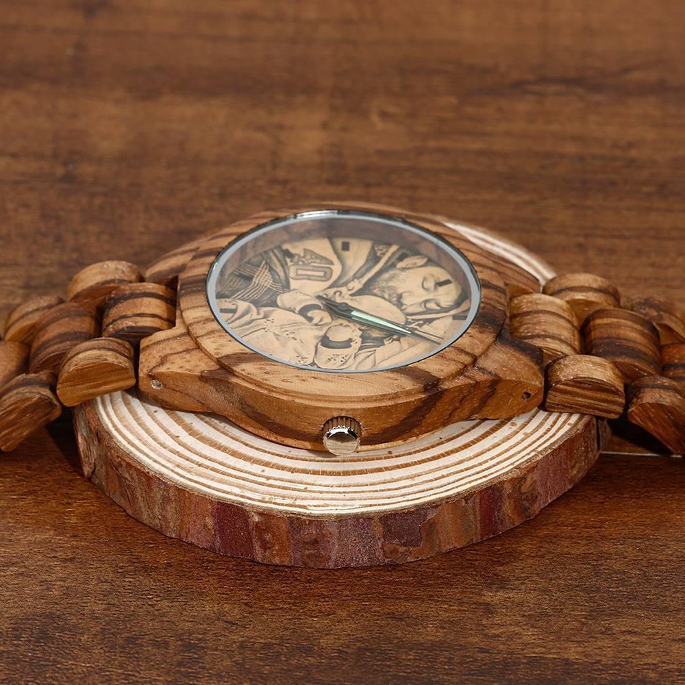 Men's Engraved Wooden Photo Watch Wooden Strap 45mm - soufeelus