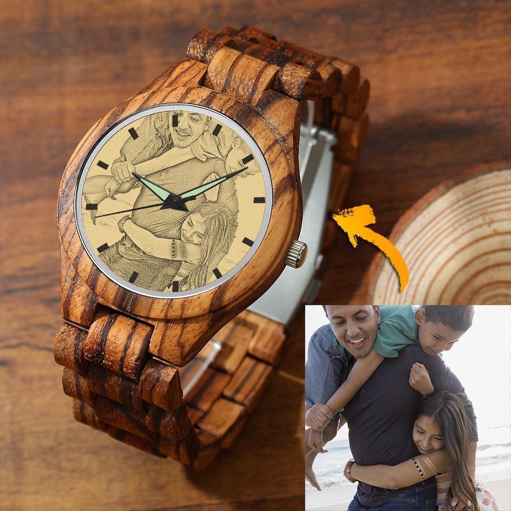 Men's Engraved Wooden Photo Watch Wooden Strap 45mm - soufeelus