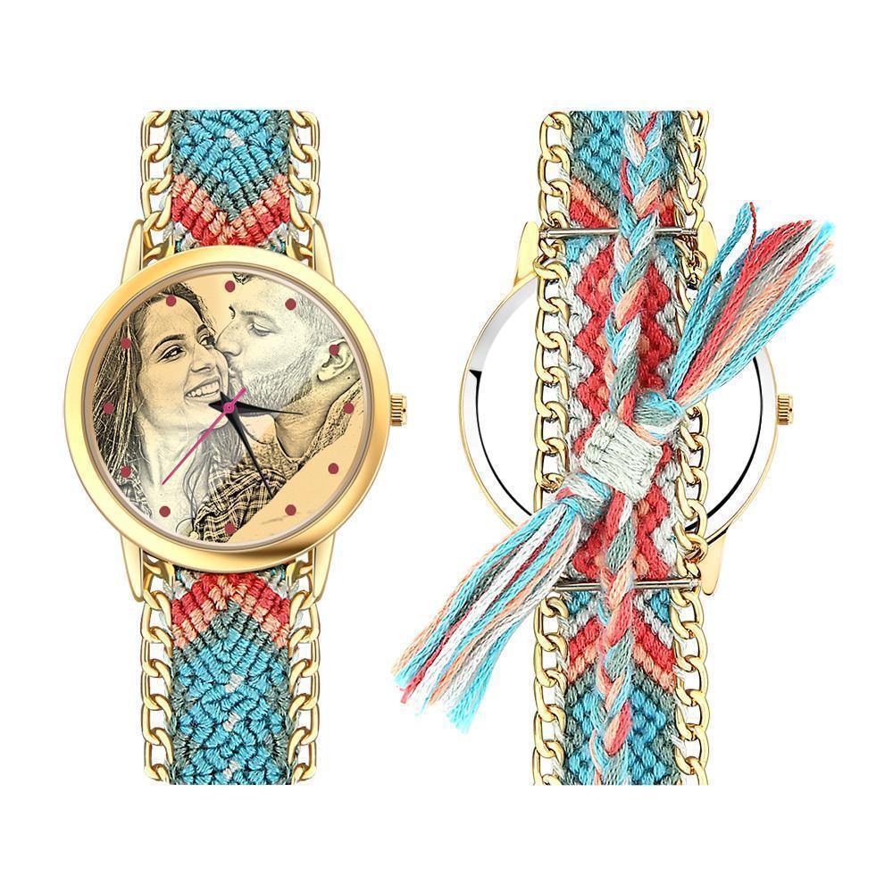 Women's Gold Photo Engraved Watch Braided Color Rope Strap 40mm - soufeelus