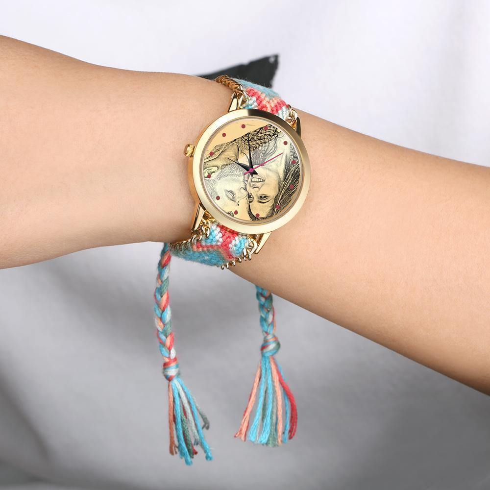 Women's Gold Photo Engraved Watch Braided Color Rope Strap 40mm