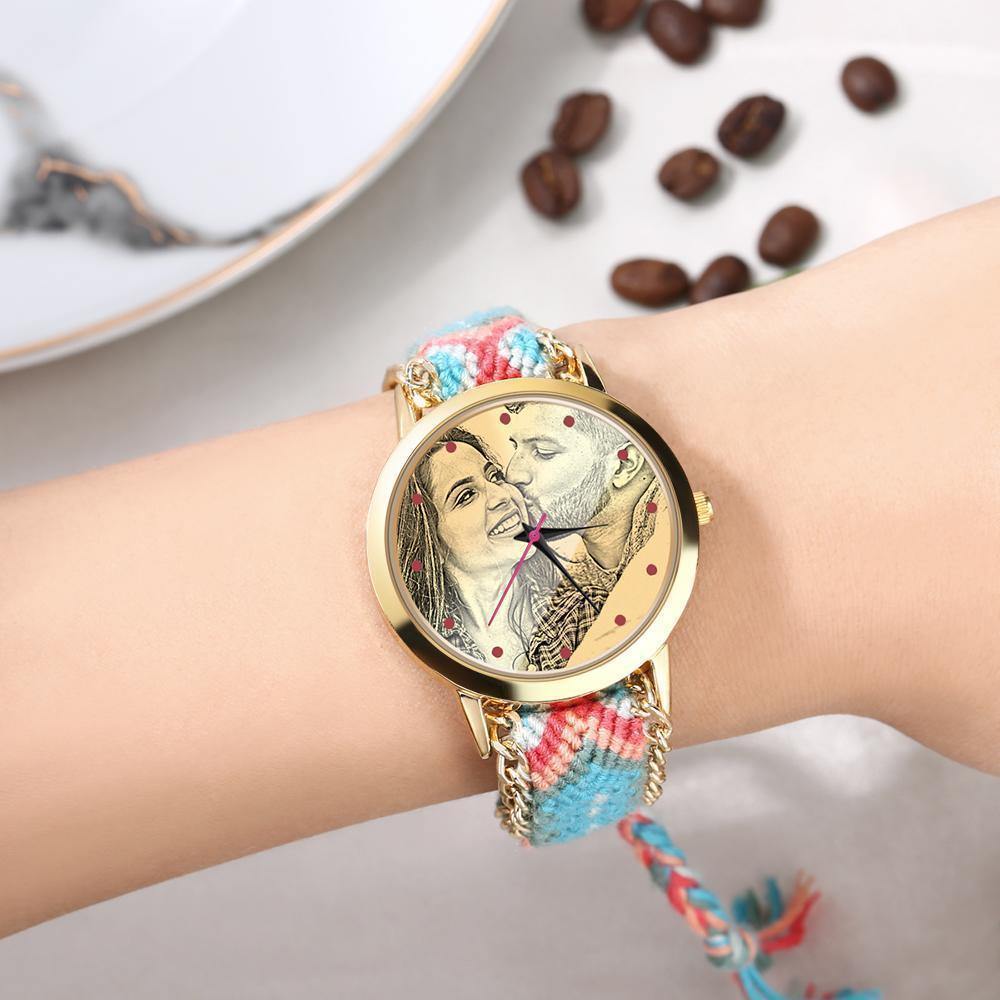 Women's Gold Photo Engraved Watch Braided Color Rope Strap 40mm - soufeelus