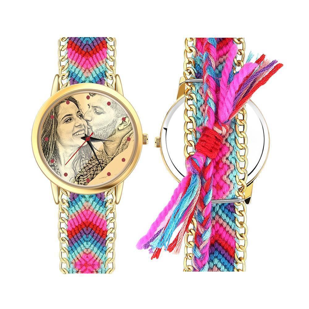 Women's Gold Photo Engraved Watch Braided Color Rope Strap 40mm - soufeelus